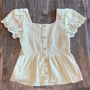 Madewell Light Green Eyelet Sleeve Blouse